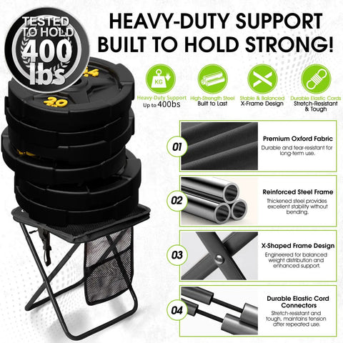 Ultra Lightweight Foldable Stool with 3 Side Pockets and Shoulder Strap Beefy Heavy Duty Camping Chair supports 400 lbs details