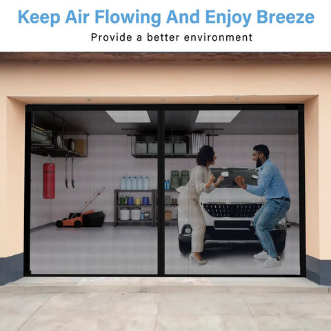Front view of 2 Car Garage Door Screen 16x7 Feet Upgraded Pet Mesh Magnetic Closure Heavy Duty Weighted Bottom Hands Free Easy Assembly