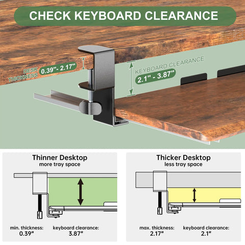 Extra Large Under Desk Keyboard Tray With Slide Out Design, 31.5 Inch Wide Surface showing C Clip Mount on desk, clearance details
