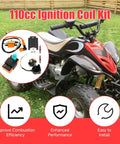 Ignition Coil CDI Box Starter Solenoid Relay Voltage Regulator Kit for 110cc Chinese ATV displayed next to a red quad.