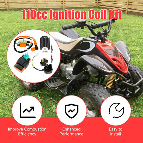 Ignition Coil CDI Box Starter Solenoid Relay Voltage Regulator Kit for 110cc Chinese ATV displayed next to a red quad.