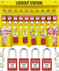 Built Tough Lockout Tagout Station With Clear Viewing Lid Fully Loaded Loto Kit showing 14 padlocks, hasps, and safety tags.