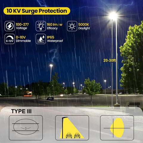 Night view of a parking lot illuminated by LED Parking Lot Light 180W 200W 220W Switchable with rain and technical details displayed.