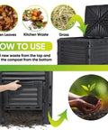 Outdoor 80 Gallon Compost Bin For Kitchen Scraps And Yard Waste Grab And Go Setup with images of leaves, waste, and soil process.