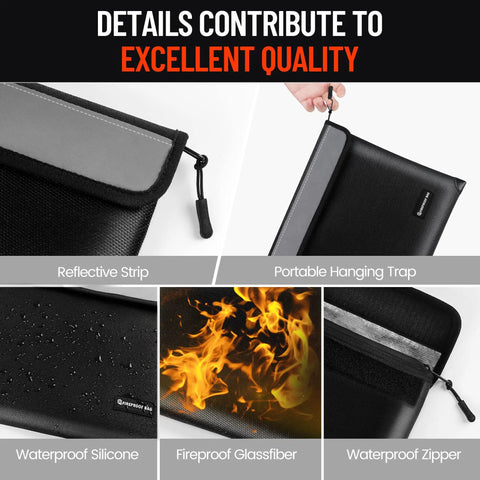 Ultra Fireproof Document Bag With Zipper And Reflective Strip, 13.4 By 10 Inches, Waterproof Silicone and Fireproof Glassfiber Details