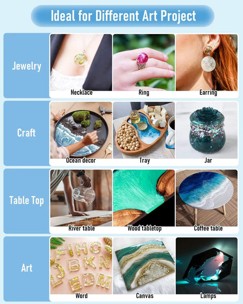 Image showing various DIY art projects using 8 Ounce Crystal Clear Epoxy Resin Kit, including jewelry, crafts, and tabletop items.