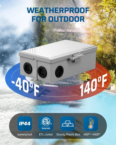 Heavy Duty No-Fuss 2HP Pool Timer Box With 7 Day Scheduling, 20 On Off Slots, 120-277 VAC, ETL Listed, outdoor temperature range -40°F to 140°F