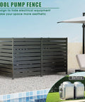 Three-Panel 42-Inch High Outdoor Privacy Fence for AC Units and Trash Cans - Black metal panels by a poolside area.