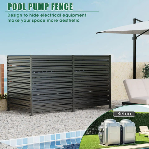 Three-Panel 42-Inch High Outdoor Privacy Fence for AC Units and Trash Cans - Black metal panels by a poolside area.