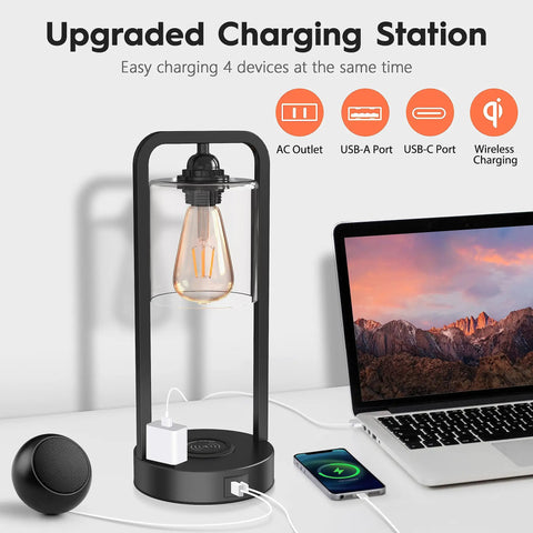 Two-Pack Wireless Charging Bedside Table Lamp Set With Touch Control Dimmable Lights, Type C USB Ports and AC Outlet