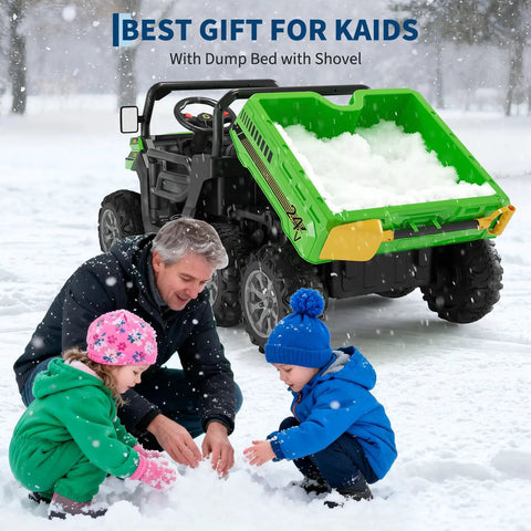 Children playing in snow with 24V Dual Motor 2 Seater Ride On Dump Truck For Big Kids, 5 MPH Electric Kids Truck shown in background