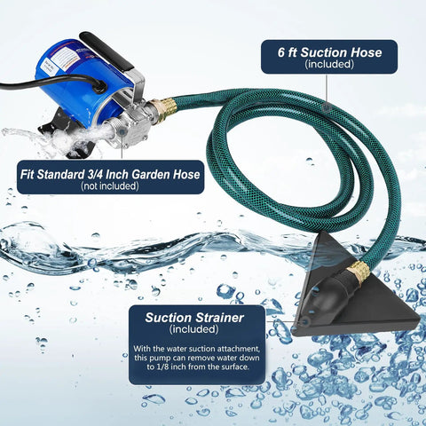 115V 1/10 HP Powerful Water Transfer Pump With Hose Kit, non-submersible design, 6 ft suction hose, blue pump and strainer