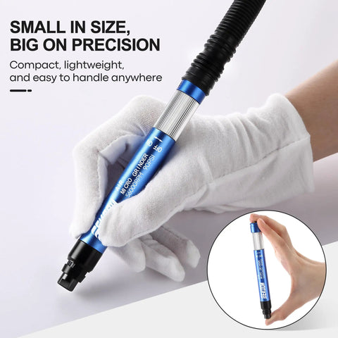 One Eighth Inch Pneumatic Pencil Die Grinder Running Sweet At 56000 Rpm Air Drive For Crushing Burrs And Top Shelf Metal Finishing Rig Built High Precision Handheld Micro Grinding Tool held in gloved hand for detailed work.