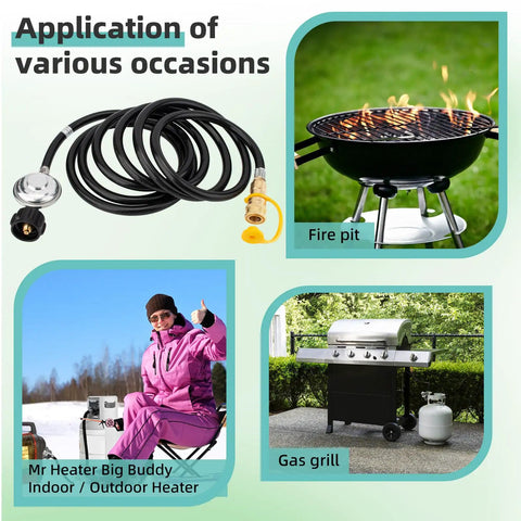 12Ft Quick Connect Propane Hose With Regulator For Heaters And Outdoor Gear 3 Eighths Inch Quick Connect To QCC1 Tank Connection Adapter Hose Replacement For Big Buddy Style Heaters Indoor Or Outdoor Use shown with grilling and heating applications