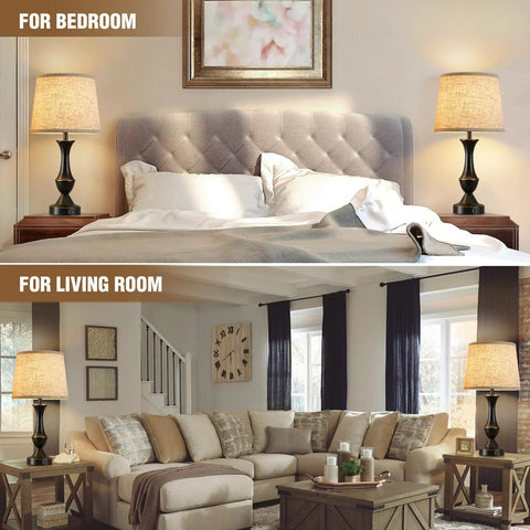 Upgraded 22 Inch Touch Table Lamps Set Of 2 With USB C And USB A Ports Dimmable Nightstand Lamps For Bedroom Living Room Office Black Base With Beige Lampshades Bulbs Included shown in bedroom and living room settings
