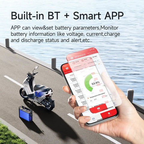 Smartphone displaying battery stats for No Sweat Smart Bluetooth Battery Bms 30Amp while near an e-bike.