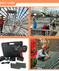 Heavy-Duty Rebar Tying Machine With Battery And Charger for Steel Ironing 4-45mm Bars shown with workers on construction site.