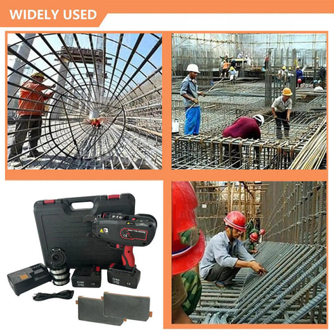 Heavy-Duty Rebar Tying Machine With Battery And Charger for Steel Ironing 4-45mm Bars shown with workers on construction site.