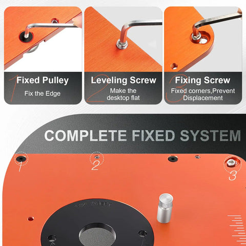 Built Like A Tank Router Lift Platform Heavy Duty Design Smooth Manual Crank shows fixing components and leveling adjustments.