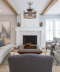 Retractable 36 Inch Ceiling Fan With Lights And Remote in Brushed Nickel in modern living room, quiet motor, energy efficient.