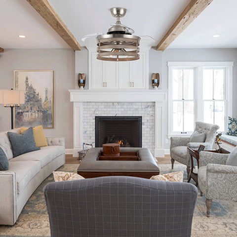 Retractable 36 Inch Ceiling Fan With Lights And Remote in Brushed Nickel in modern living room, quiet motor, energy efficient.