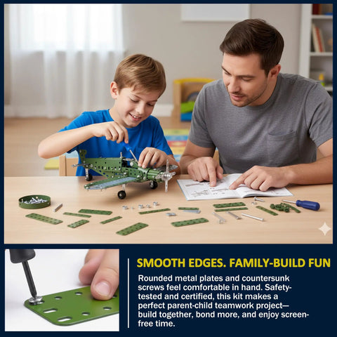 Father and son assembling Metal Airplane Building Kit For Kids Ages 8 16 285 Piece DIY Mechanical Engineering Set