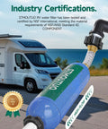 RV Water Filter With Flexible Hose Protector Keeps Water Tasting Fresh For RV Life By Cutting Chlorine Odor Rust And Sediment Inline Hose Filter For RV Camper Boat Garden And Pool 2 Pack shown near an RV with certification badge