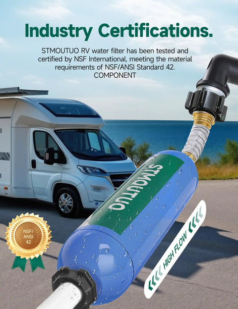 RV Water Filter With Flexible Hose Protector Keeps Water Tasting Fresh For RV Life By Cutting Chlorine Odor Rust And Sediment Inline Hose Filter For RV Camper Boat Garden And Pool 2 Pack shown near an RV with certification badge