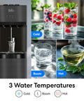 Self Cleaning Bottom Loading Water Cooler Dispenser In Black Stainless Steel With Three Temperature Settings shown with drinks
