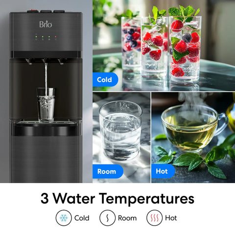 Self Cleaning Bottom Loading Water Cooler Dispenser In Black Stainless Steel With Three Temperature Settings shown with drinks