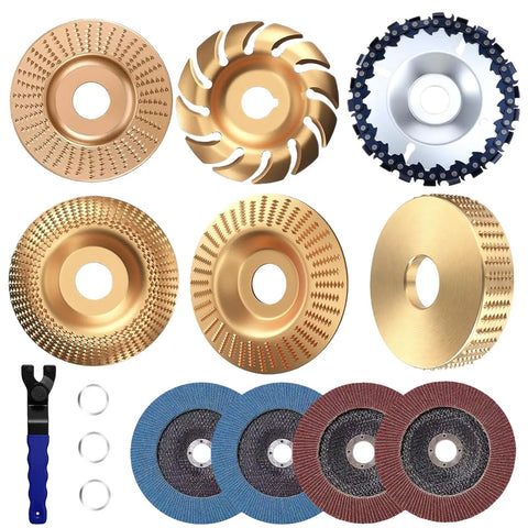 14 Piece Wood Carving Disc Set For 4 Inch Or 4 And A Half Inch Angle Grinders Includes Chainsaw Disc 12 Tooth Shaping Disc 60 And 80 Grit Flap Wheels Five Eighth Inch Adapters Universal Wrench For Cutting Grinding Shaping And Sanding