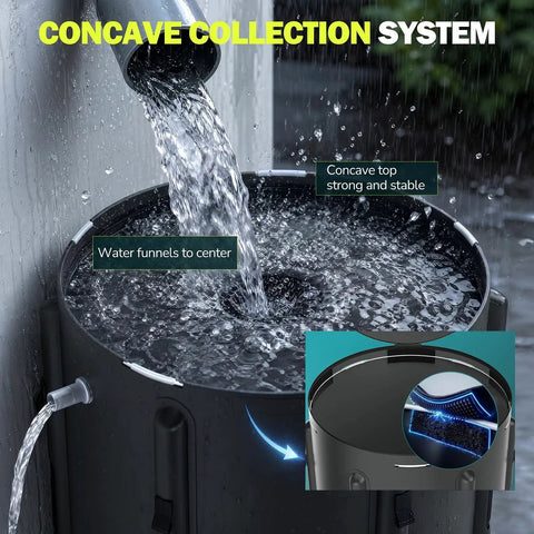 Water pouring into Collapsible 53 Gallon Rain Barrel With Spigot Portable Water Storage Tank For Gutter Harvest
