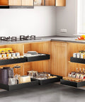 Heavy Duty Slide Out Cabinet Organizer Full Extension Roll Out Shelf With Super Smooth Glide And No Fuss Nano Tape Under Sink Pantry Storage For Kitchen And Bathroom Black in a modern kitchen with organized shelves.
