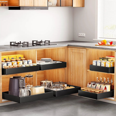 Heavy Duty Slide Out Cabinet Organizer Full Extension Roll Out Shelf With Super Smooth Glide And No Fuss Nano Tape Under Sink Pantry Storage For Kitchen And Bathroom Black in a modern kitchen with organized shelves.