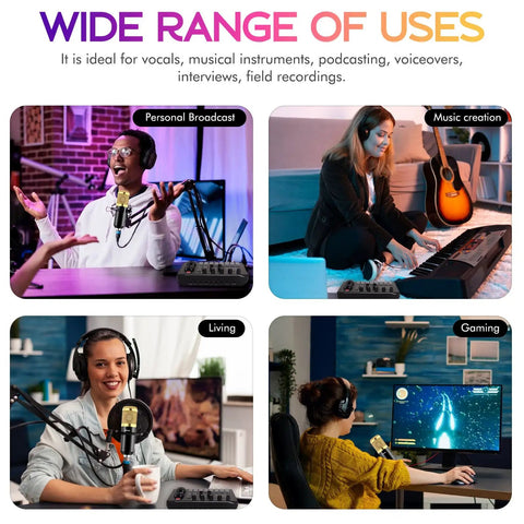 Comprehensive Podcast Gear Bundle With BM-800 Microphone Gold and F998 Audio Interface for broadcasting, music, gaming uses