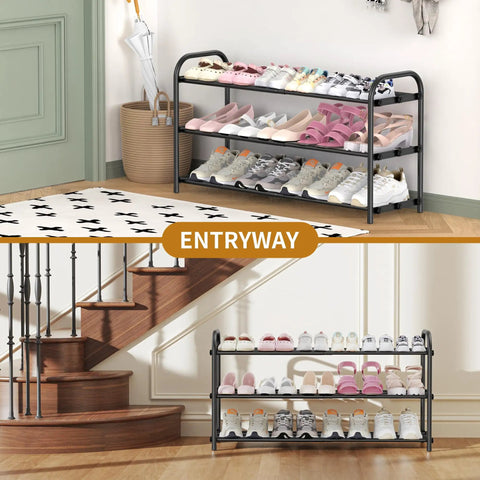 Expandable Three Tier Metal Shoe Rack With Adjustable Removable Cross Bars Fits Massive Sneakers And Delicate Flat Kicks Customizable Closet Organizer Blocks Off Entryway Mudroom Clutter Flex Your Drip Daily In Sleek Black Finish