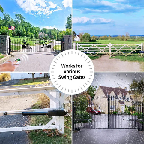 Dual Swing Gate Opener For Light Duty Gates Up To 12 Feet Per Arm Electric Driveway Gate Operator with remote and various gates.