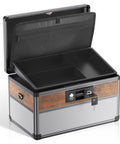 Open Medicine Lock Box With Key Safe For Meds, Aluminum Alloy And MDF Construction, showcasing compartments, 12x7.68x7.87 inch size.
