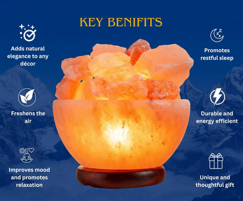 Himalayan Salt Lamp Bowl With Crystal Chunks, Dimmer Cord, And Classic Wood Base, Premium Authentic From Pakistan, glowing