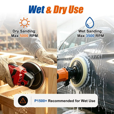 Wet and dry use demonstration of Premium 6 Inch Wet Dry Hook And Loop Sanding Discs with max RPM ratings for wood and car projects.