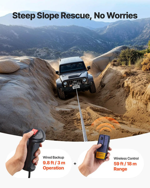 Beefed Up 12000 Lb Electric Winch With 85 Ft Steel Cable 12V Power Winch For Jeep Wrangler UTV ATV And Truck Off Road Recovery Wireless Remote Control And Heavy Duty Motor, Jeep on steep rock slope