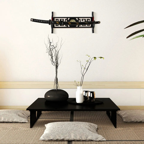 One Tier Katana Wall Mount Sword Holder With Red Velvet Padding above a minimalist tea table setting