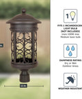 Ellington Outdoor Post Lantern Light In Oil Rubbed Bronze, 23 Inch Mediterranean Cast Aluminum Housing with intricate scroll grill.