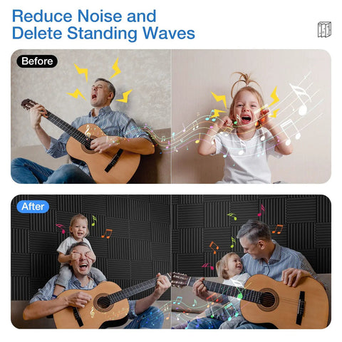 Before and after two images showing soundproofing effects using Twelve Pack Self Adhesive Acoustic Foam Panels One Inch Thick High Density Quick Recovery Sound Proof Wall Tiles For Gaming Room And Home Studio Black Super Tight Fit That Totally Crushes Background Noise.