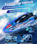 Fast Remote Control Boat for Kids and Adults, 25 MPH Brushless Dual Motor RC Speed Boat on water with speed features displayed