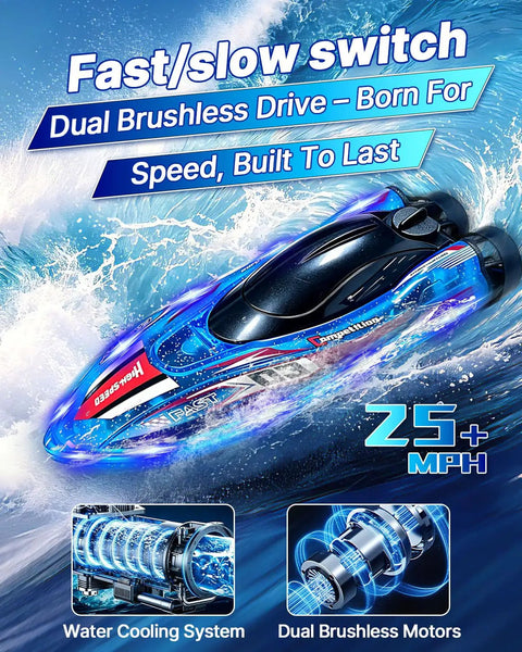 Fast Remote Control Boat for Kids and Adults, 25 MPH Brushless Dual Motor RC Speed Boat on water with speed features displayed