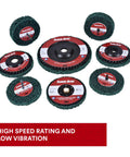 Assorted Scotch-Brite cleaning discs for metal stripping and paint removal with focus on heavy-duty 4.5" green Type 27 disc.
