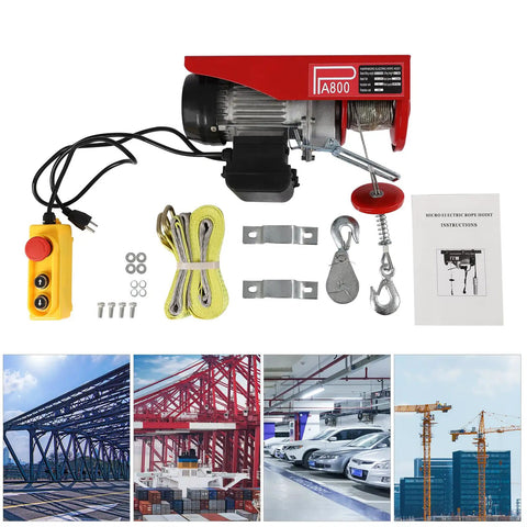 Huge 1763 Lbs Max Load Mini Electric Hoist Winch with emergency stop, straps, and remote control for garage lifting jobs.