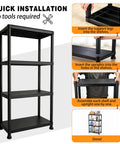 Assembly steps for No Drama Four Tier Plastic Shelving Unit For Tight Layouts, 53 Inch Tall Vertical Rack. Tool-free setup.