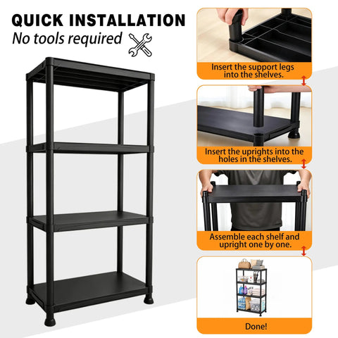 Assembly steps for No Drama Four Tier Plastic Shelving Unit For Tight Layouts, 53 Inch Tall Vertical Rack. Tool-free setup.